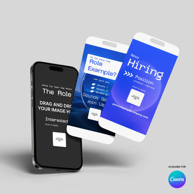 Three smartphones display the Social Media Hiring Story Template for Canva from the Forma 30 Collection by More By Us | The Brand Store, ideal for recruitment campaigns. The Canva logo appears in the lower right on a light gray background.