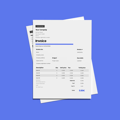 The Invoice Template - Forma 20 Collection | Editable Canva Template (US & EU Formats) features a minimalist blue design displaying company info, item details, quantities, prices, taxes, and a total of 0.00€, with a second sheet partially visible underneath.