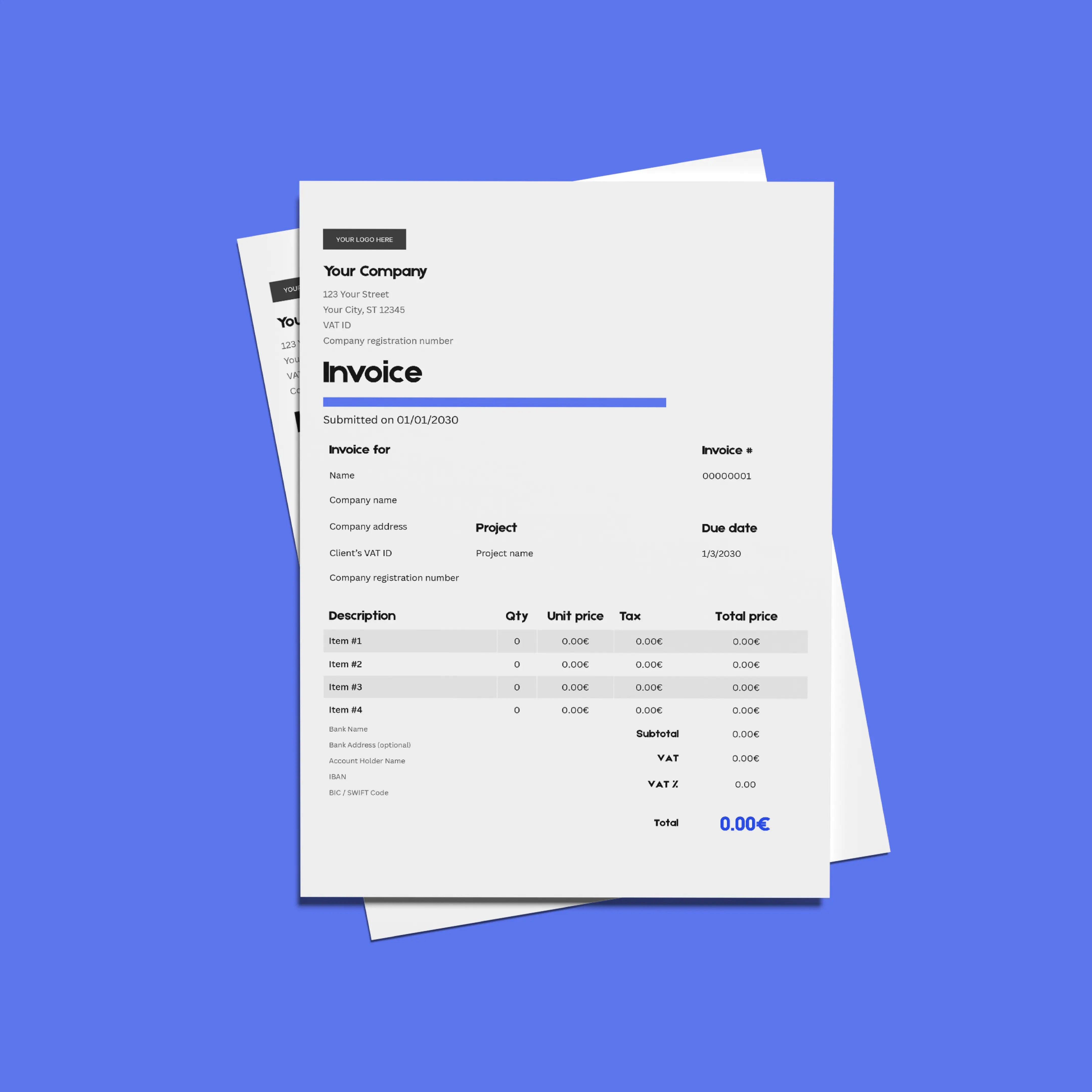 The Invoice Template - Forma 20 Collection | Editable Canva Template (US & EU Formats) features a minimalist blue design displaying company info, item details, quantities, prices, taxes, and a total of 0.00€, with a second sheet partially visible underneath.