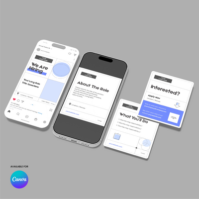 Three smartphones and two floating cards display digital job templates from the Hiring Social Media Carousel Template for Canva - Forma 20 Collection, with Instagram screens showing "We Are Hiring" and job details. Canva logo is in the bottom left corner.