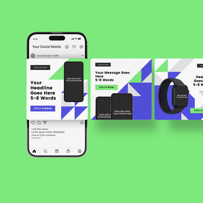 A smartphone and two smartwatches show More By Us | The Brand Store's Social Media Paid Ad Templates for Canva – Forma 40 Collection, featuring bold geometric designs in blue, green, and gray on a light green background with sample text and images.
