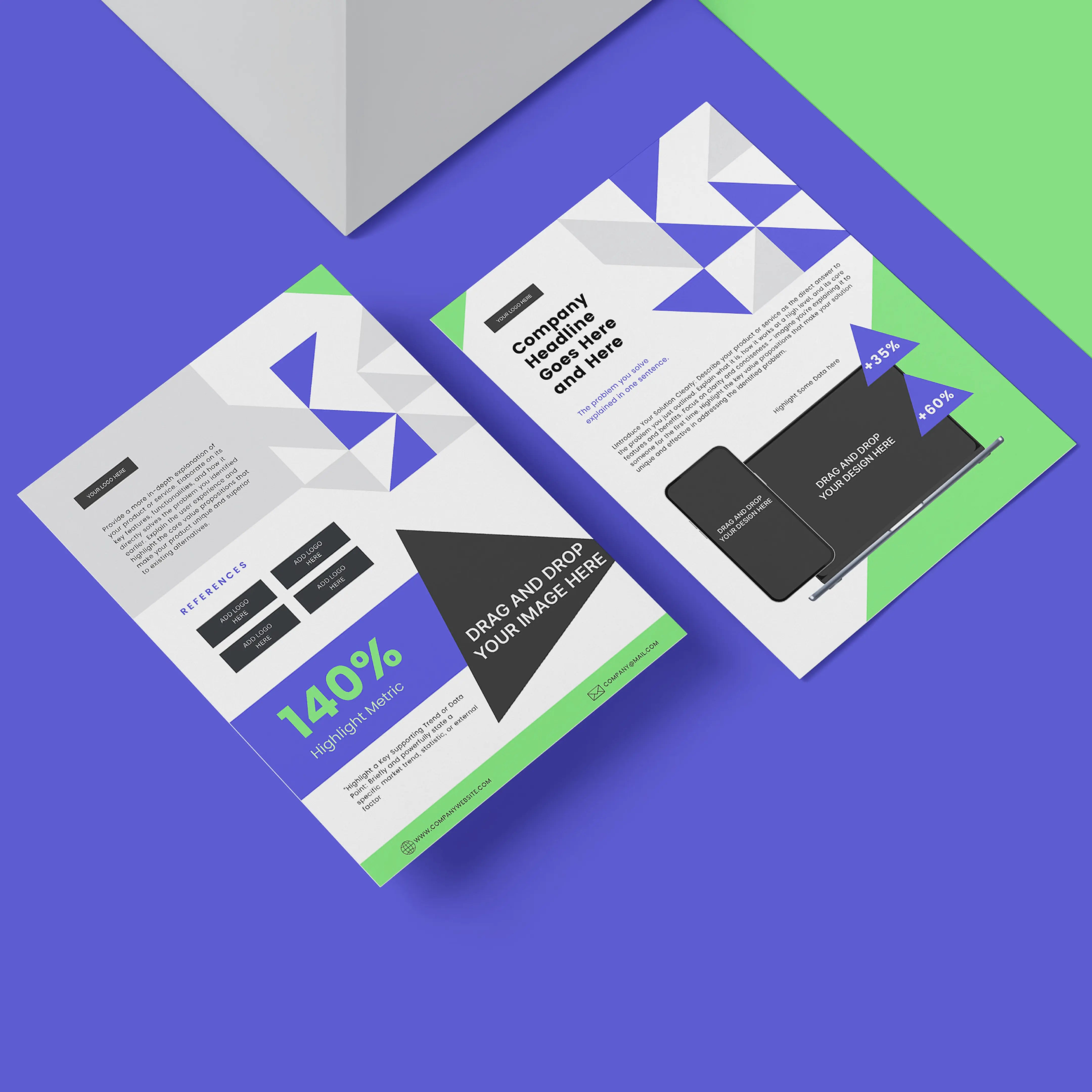 The Forma 40 One-Pager Template for Canva showcases two modern business sheets with geometric white, green, and blue designs, ideal for startups or SaaS. Each features editable text, images, triangles, and a bold 140% wage growth stat.