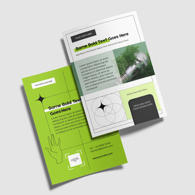 Showcasing the Green Flyer Template for Canva from the Forma 20 Collection by More By Us | The Brand Store: two editable, bold flyers in green and white—ideal for eco brands—with unique layouts for events, services, and creative contact details.