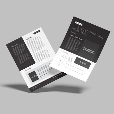 The Case Study Template for Canva – Forma 60 Collection by More By Us | The Brand Store features two minimalist, monochrome designs with bold headers, placeholder text, and image boxes, displayed on a flat grey background.