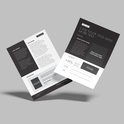 The Case Study Template for Canva – Forma 60 Collection includes two monochrome, double-sided flyer templates with sections for challenges, solutions, testimonials, results, and an image area—shown on a light gray Canva background.