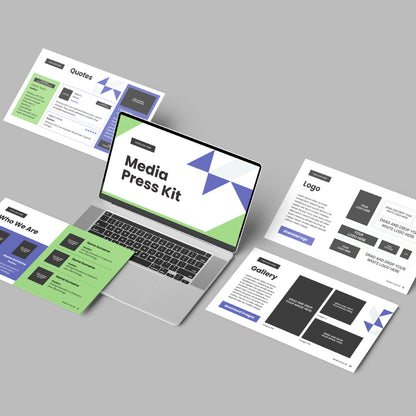 A laptop shows a “Media Press Kit” slide, surrounded by four printed slides—Quotes, Who We Are, Logo, and Gallery—in a modern geometric style. The stylish Forma 40 Collection Media Press Kit Template for Canva is displayed on a gray background.