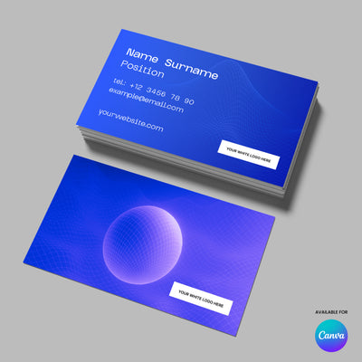 The Bold Grid Business Card Template for Canva from The Brand Store by More By Us Forma 30 Collection features a blue digital sphere and wave design, editable placeholders, and is ideal for both printable and digital use.