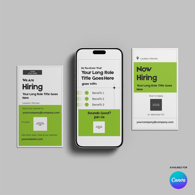 Three green, black, and white flyers from the Green Hiring Social Media Story Templates for Canva - Forma 20 Collection are displayed on a gray background, featuring eye-catching designs with hiring text, job details, bullet points, and email placeholders.