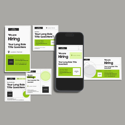 The Forma 20 Collection Green Edition offers six customizable Social Media Hiring Ad Templates for Canva in black, white, and green. Each template features “We Are Hiring” text with editable role titles and job details, displayed around a smartphone.