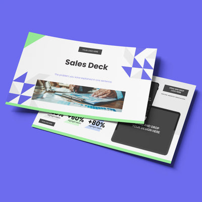 Two bold, geometric business slides from the Forma 40 Sales Deck Template for Canva by More By Us | The Brand Store appear on a purple background—perfect for startups and tech presentations.