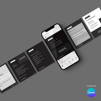 A smartphone shows a social media app, surrounded by six black and white Forma 60 Collection templates for Canva on a gray background. The Canva logo in the corner highlights these Social Media Hiring Carousel Templates.