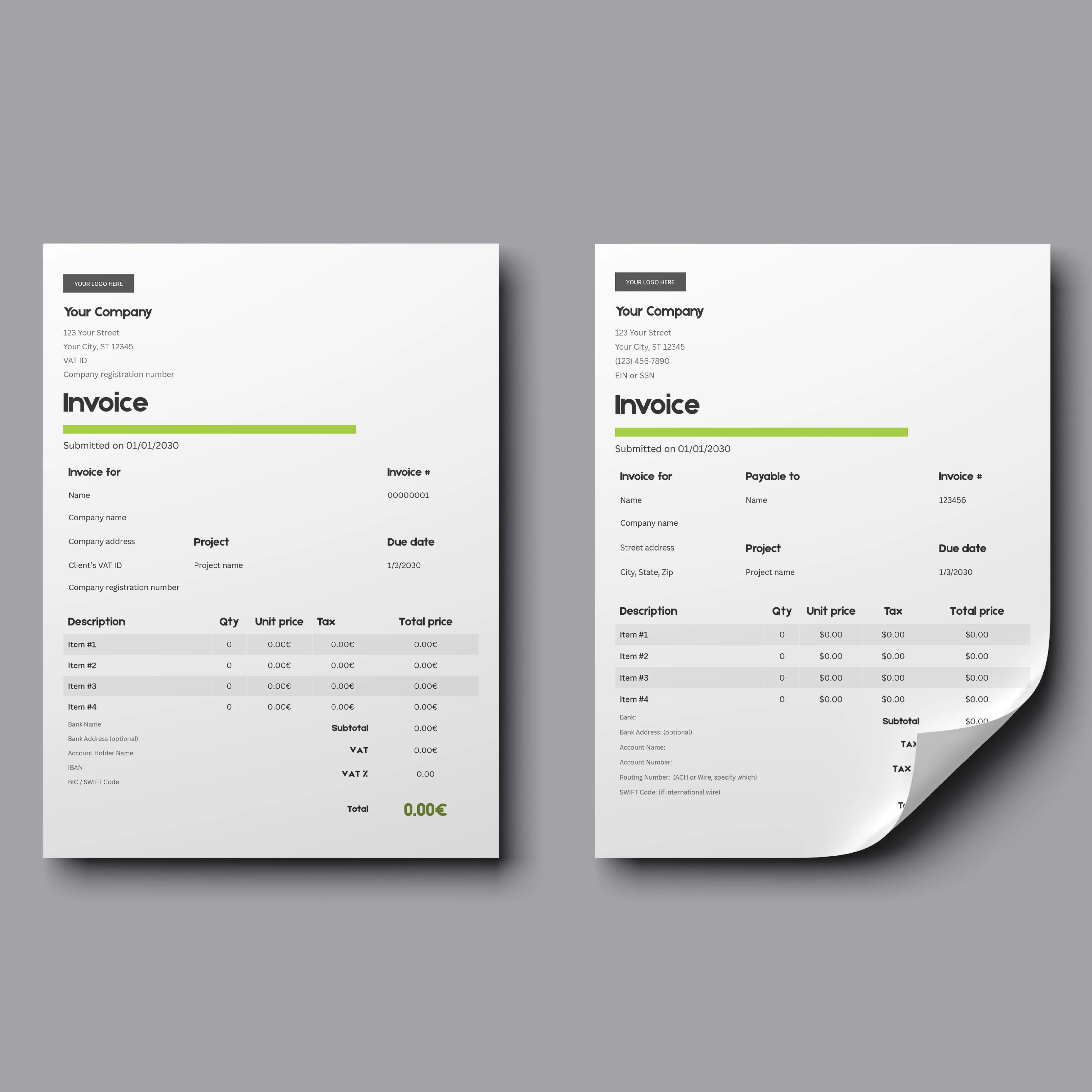 Two invoices made with the Modern Green Invoice Template (US & EU Format) | Canva Editable, Forma 20 are shown side by side on a gray surface, featuring itemized tables, green highlights, and a curled corner on the right invoice.