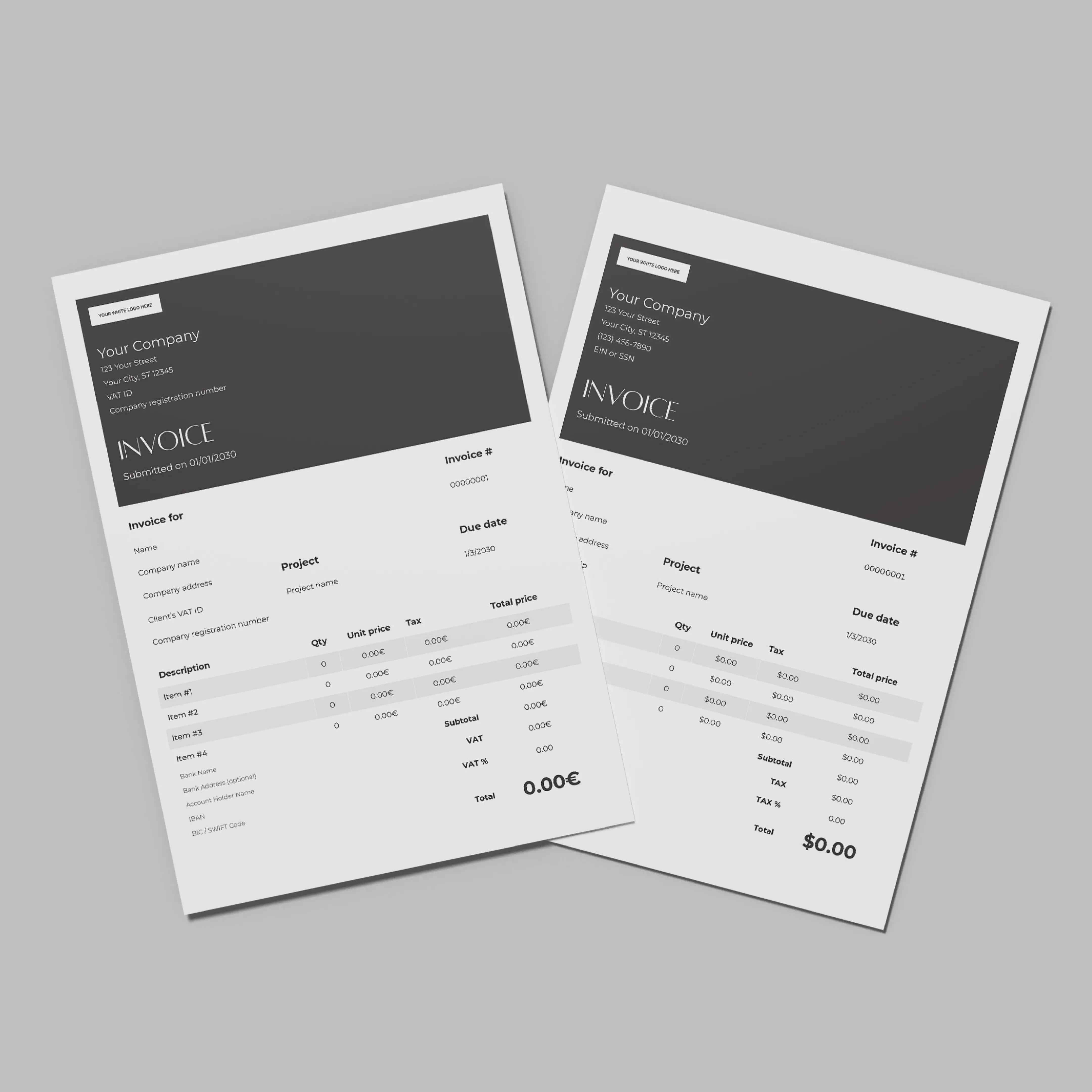 Two printed invoices created with the Invoice Canva Template - Forma 60 Collection US EU Formats overlap on a gray surface, displaying clear, itemized billing details for a polished and professional look.
