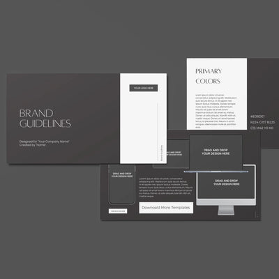 The Brand Guidelines Template for Canva – Forma 60 Collection by More By Us | The Brand Store is a dark-themed, editable brand book for fashion, luxury creative businesses, with sections for brand info, color codes, and customizable logo placeholders.
