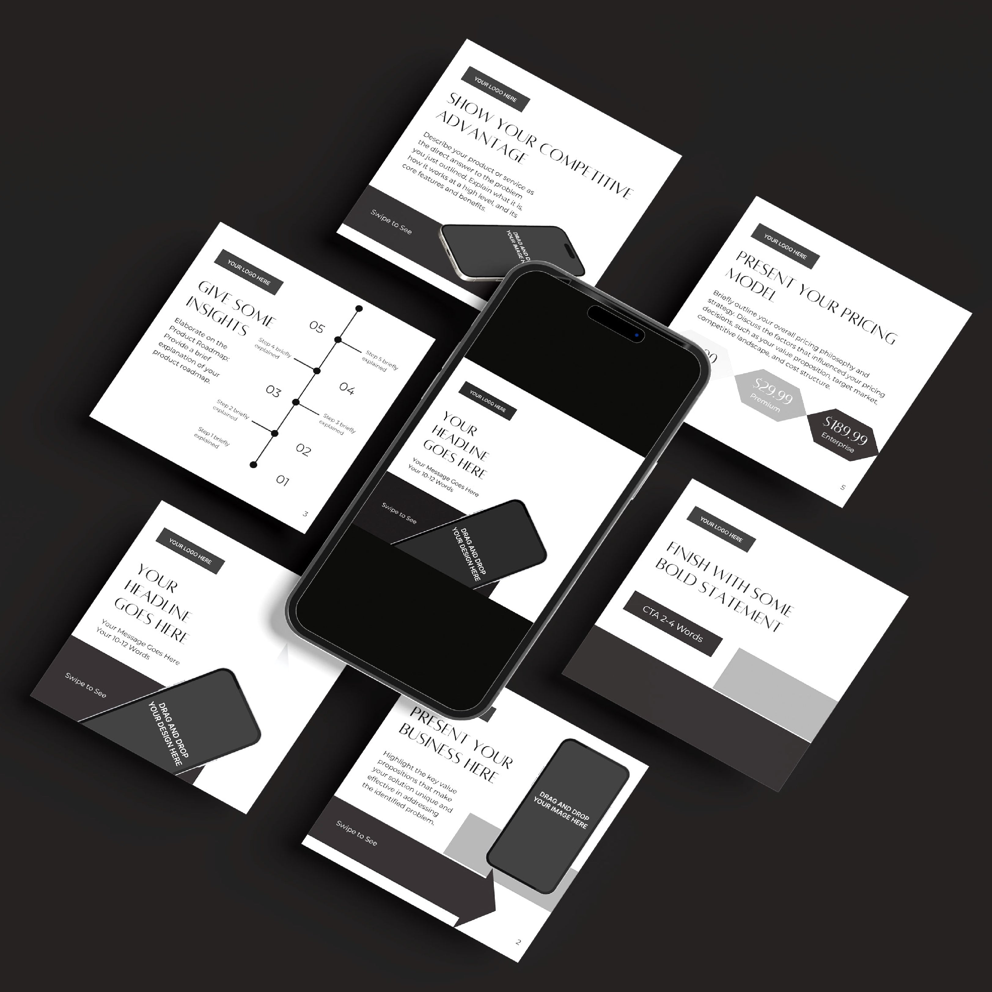 A black smartphone is encircled by seven Canva template cards from the Social Media Carousel Template for Canva - Forma 60 Collection, displaying business layouts with text, charts, and arrows on a dark background—ideal for sleek social posts.