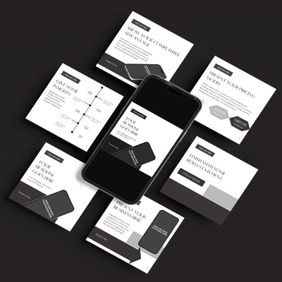 A smartphone is centered on a dark surface, surrounded by six monochrome Social Media Carousel Template slides from More By Us | The Brand Store’s Forma 60 Collection, featuring organized text, charts, and image placeholders designed in Canva.