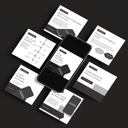 A black smartphone is encircled by seven Canva template cards from the Social Media Carousel Template for Canva - Forma 60 Collection, displaying business layouts with text, charts, and arrows on a dark background—ideal for sleek social posts.