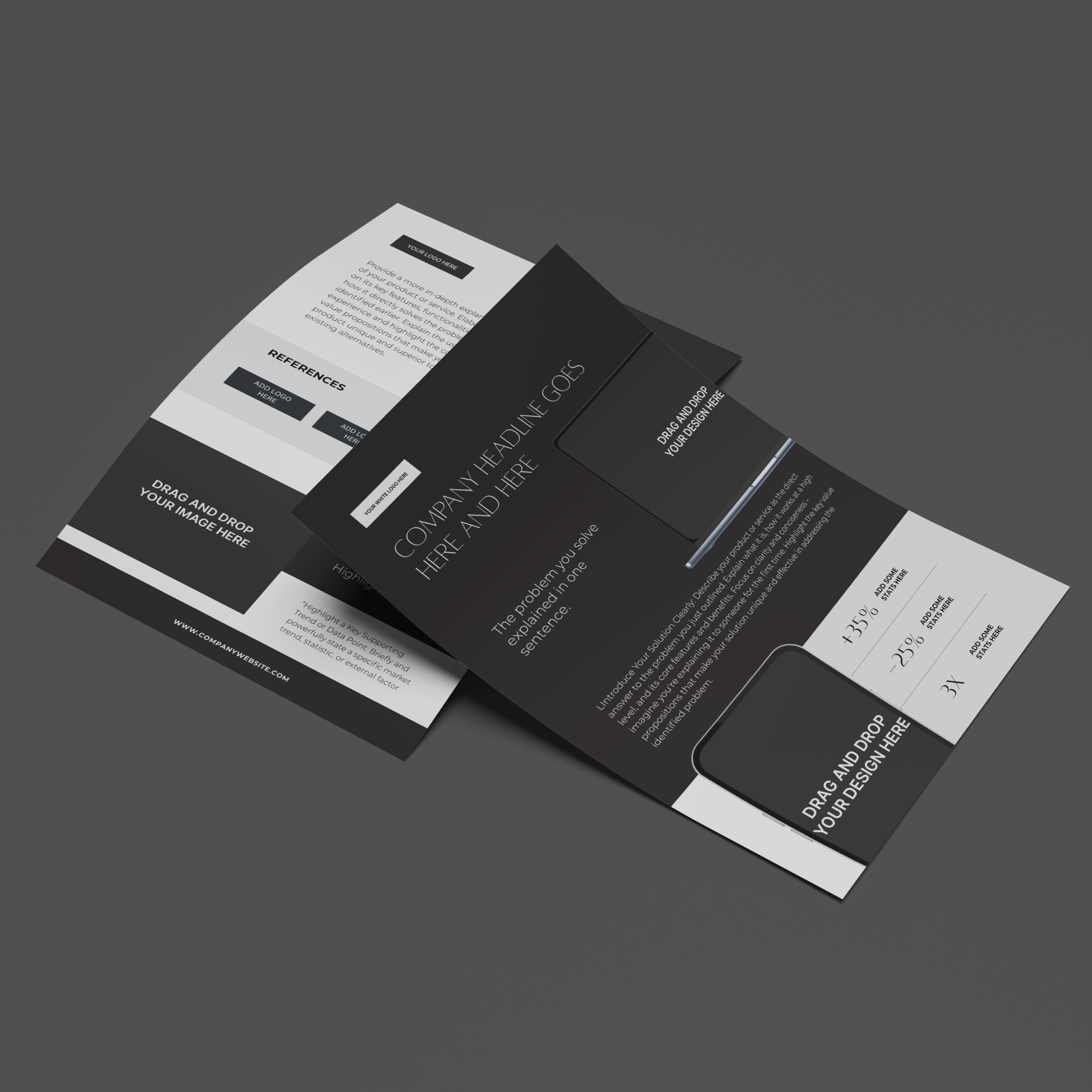 Black and white flyer set on a dark gray background