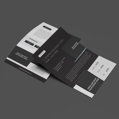 The One-Pager Template for Canva - Forma 60 Collection is shown in black and white on a gray surface. Each editable one-pager features sections for headlines, statistics, and text in a modern, professional layout with stylish graphics.