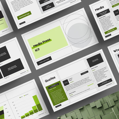 A top-down view of slides from the Green Media Press Kit Template for Canva Forma 20 Collection by More By Us | The Brand Store—featuring quotes, media sections, bold green/black/white blocks, and graphs for a polished brand presentation.