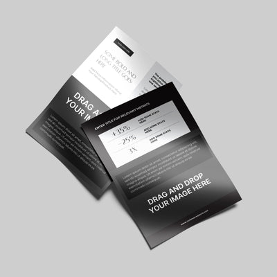 Two overlapping grayscale flyers from the Forma 60 Collection by More By Us | The Brand Store. This Canva flyer template features bold headings, drag-and-drop image placeholders, a metrics table, and modern typography for a clean, minimal design.