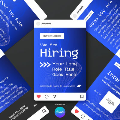 The Social Media Hiring Carousel Templates for Canva – Forma 30 Collection by More By Us | The Brand Store features a dark background, central “We Are Hiring” text, logo and job title placeholders, plus cards for details—ideal for We’re Hiring posts.