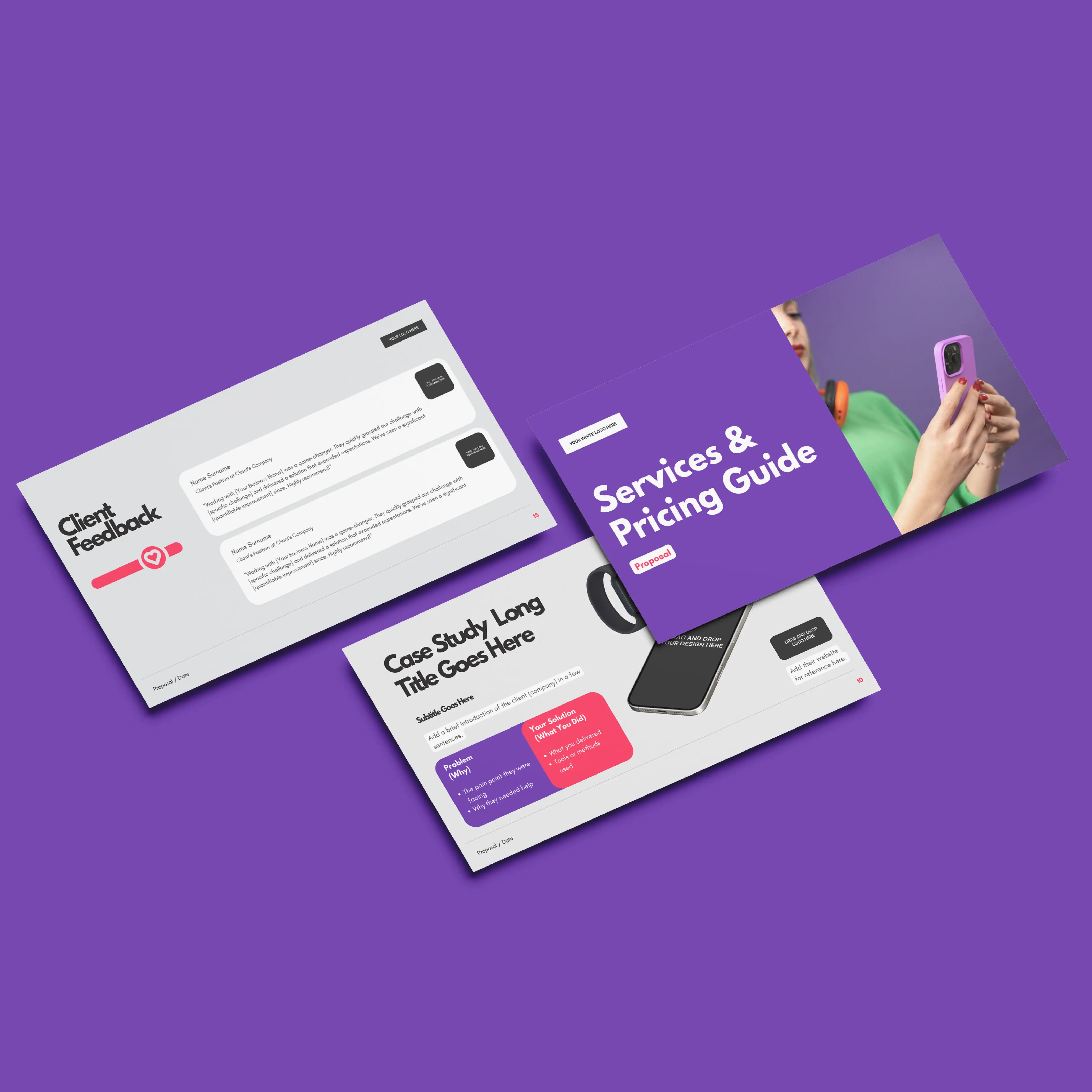 Showcased: Three slides from the Service Proposal & Pricing Presentation | Canva Template, Forma 10 Collection—one with client feedback, one case study with phone images, and a Services & Pricing Guide. Ideal for modern pitch decks or proposals.