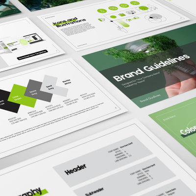 A close-up of the "Brand Guidelines Template | Canva Editable, Green Minimal Style Forma 20" by More By Us shows color palettes, typography, icons/illustrations headers, and a green cover—ideal for making your own editable brand manual.