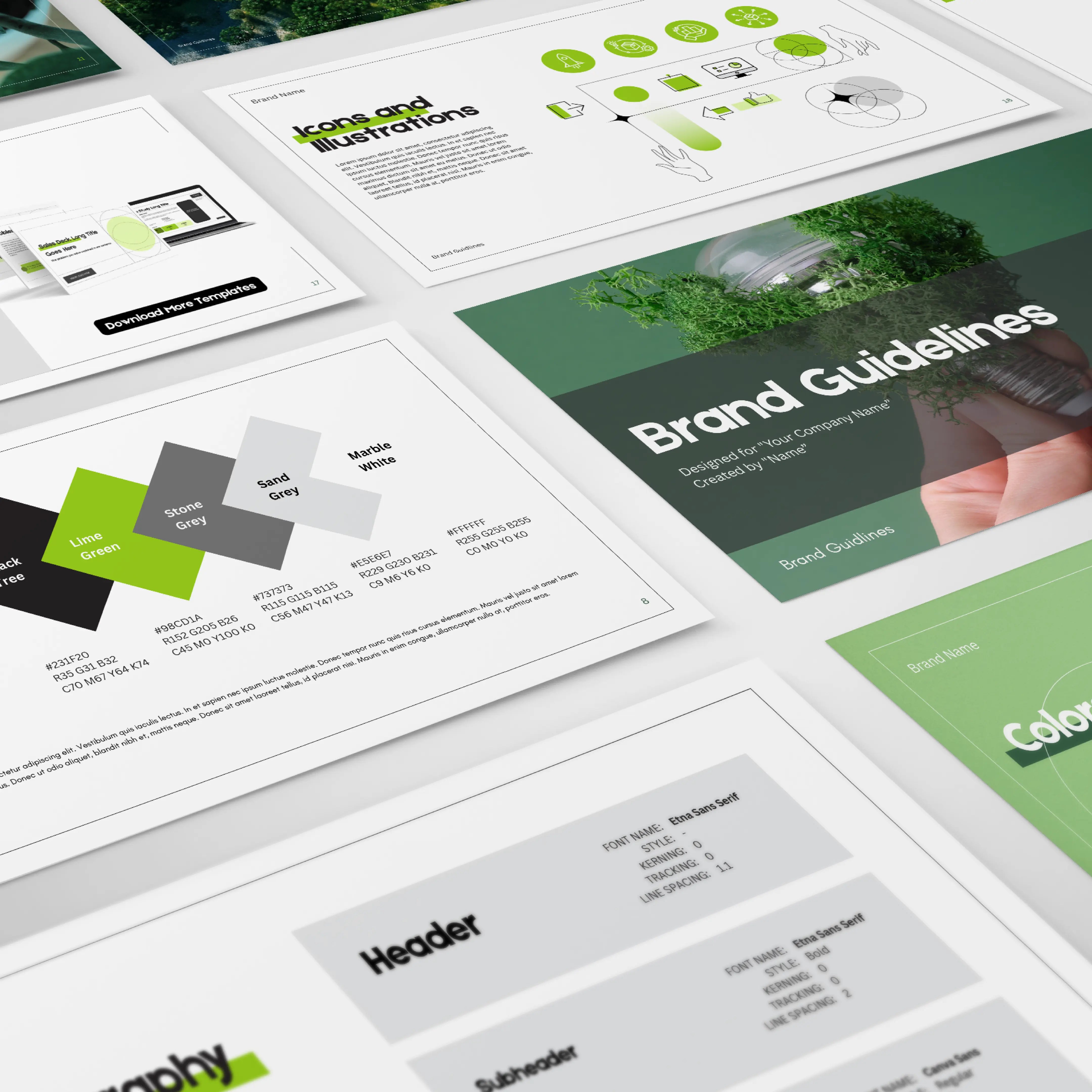 The Brand Guidelines Template | Canva Editable, Green Minimal Style (Forma 20) displays color palettes, typography, icon styles, and brand imagery in green and gray tones—perfect inspiration for your next branding project.