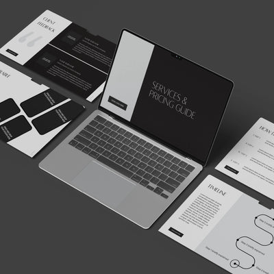 A laptop displays the Proposal Deck Template for Canva – Forma 60 Collection by More By Us, surrounded by editable business documents like consultant proposals, client feedback forms, timeline charts, and pricing pages—all neatly arranged on a dark surface.