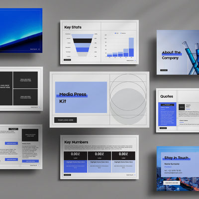 A flat lay displays the Blue Media Press Kit Template for Canva Forma 20 Collection by More By Us | The Brand Store, featuring slides with graphs, stats, company info, contacts, quotes, and images in blue, gray, and black on a neutral background.