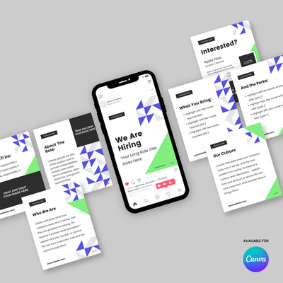 The image shows six recruitment info cards and a smartphone with a hiring post, all using the Hiring Social Media Carousel Template for Canva from the Forma 40 Collection by More By Us | The Brand Store. The design includes blue/green accents and the Canva logo.