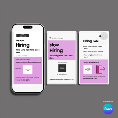 Three Pink Hiring Social Media Story Templates from the Forma 20 Collection by More By Us | The Brand Store are shown on a smartphone and as cards, featuring white backgrounds, bold pink accents, clear calls to action, and Canva branding.