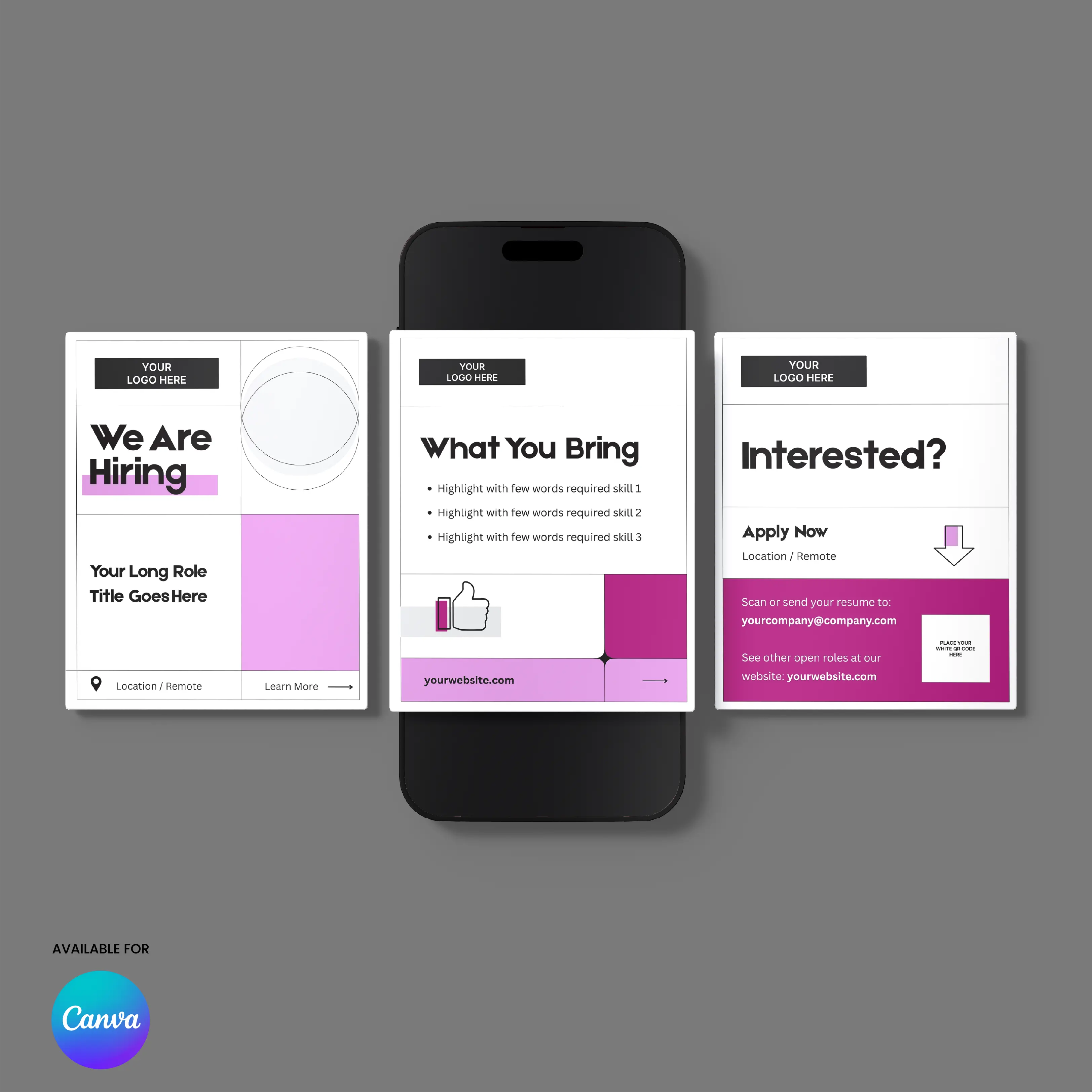 The Social Media Hiring Carousel Templates for Canva - Forma 20 Collection Pink Edition are showcased on a gray background with a central smartphone, featuring white, pink, and black accents plus sections for job details and application info.