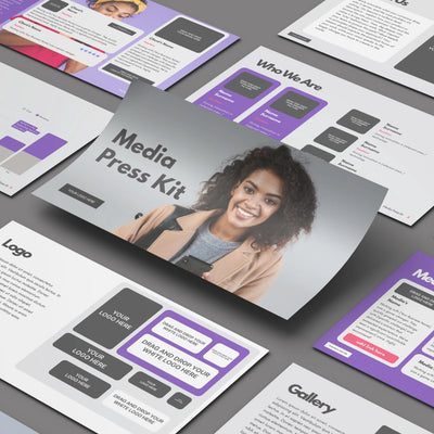 The Media Press Kit Template for Canva – Forma 10 Collection by More By Us | The Brand Store is shown laid out, featuring sections like Who We Are, logo placements, gallery samples, and text in purple, black, and white. A smiling woman appears on the cover page.