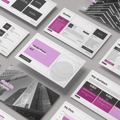 The Media Press Kit Template for Canva – Forma 20 Collection by More By Us | The Brand Store features monochrome and purple slides for Quotes, About the Company, and Key Stats. Easily customize this editable kit in Canva for a polished press kit.