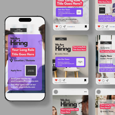 The Social Media Hiring Paid Ad Templates for Canva - Forma 10 Collection by More By Us | The Brand Store showcases six recruitment posts and a smartphone featuring job ads with red, purple, and gray backgrounds plus roles, locations, remote options, and how to apply.