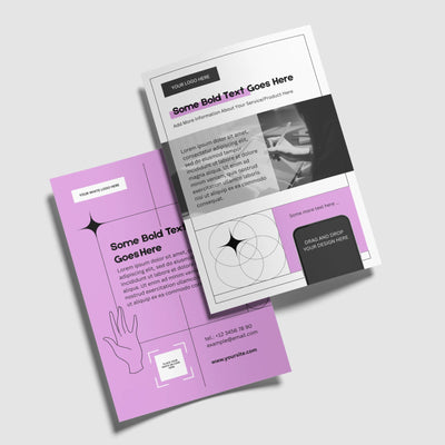 The Forma 20 Collection by More By Us | The Brand Store features two editable Canva flyer templates: one with a purple background and hand illustration, and a monochrome, photo-based design—both include placeholder text and contact details.