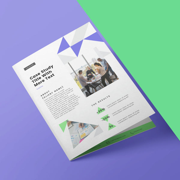 The Case Study Template for Canva from the Forma 40 Collection features a modern geometric layout with a photo of people meeting, sections for client info, results stats, document images, and a split purple and green background—fully editable for your portfolio.