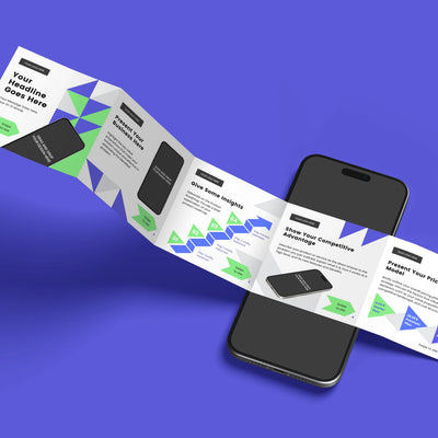 The Social Media Carousel Template from the Forma 40 Collection by More By Us | The Brand Store is shown partially unfolded beside a smartphone on a blue surface, featuring green, blue, and gray geometric designs.