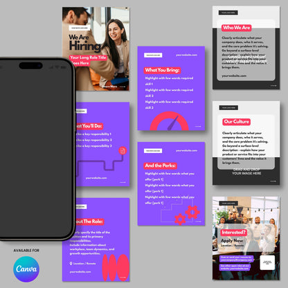 The Social Media Hiring Carousel Templates for Canva – Forma 10 Collection features vibrant digital designs with sections for job title, responsibilities, perks, company culture, contact info, bold text, and an "Available for Canva" phone mockup.