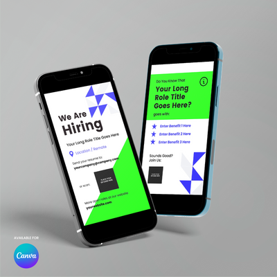 Two smartphones showcase the Hiring Social Media Story Templates for Canva - Forma 40 Collection, featuring geometric designs and customizable text fields. A Canva logo appears at the bottom left on a light grey background.