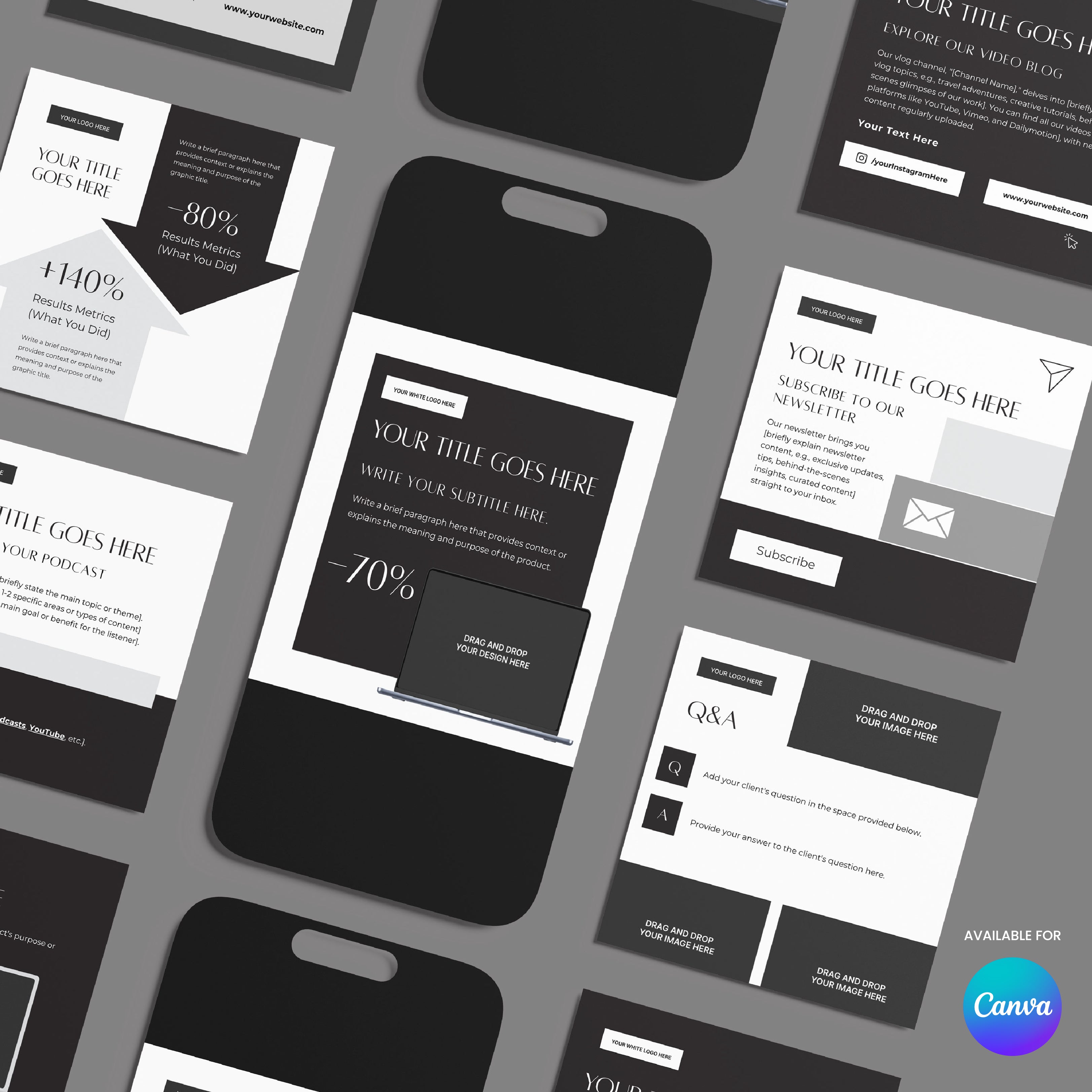 A flat lay displays multiple screens and cards featuring minimalist black, white, and gray Social Media Post Templates for Canva – Forma 60 Collection. Designs include text sections, discounts, QA, subscribe buttons, and a visible Canva logo in the corner.
