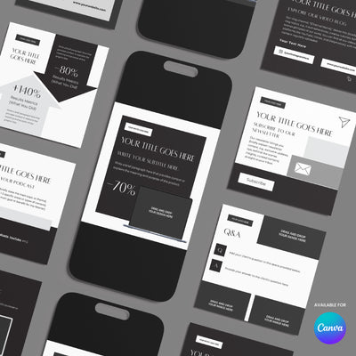 A flat lay of Social Media Post Templates for Canva – Forma 60 Collection by More By Us | The Brand Store features text boxes, headlines, and graphic elements on a gray surface with a visible Canva logo in the bottom right corner.