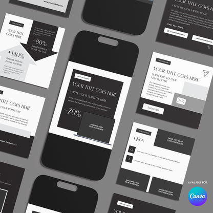 A flat lay displays multiple screens and cards featuring minimalist black, white, and gray Social Media Post Templates for Canva – Forma 60 Collection. Designs include text sections, discounts, QA, subscribe buttons, and a visible Canva logo in the corner.