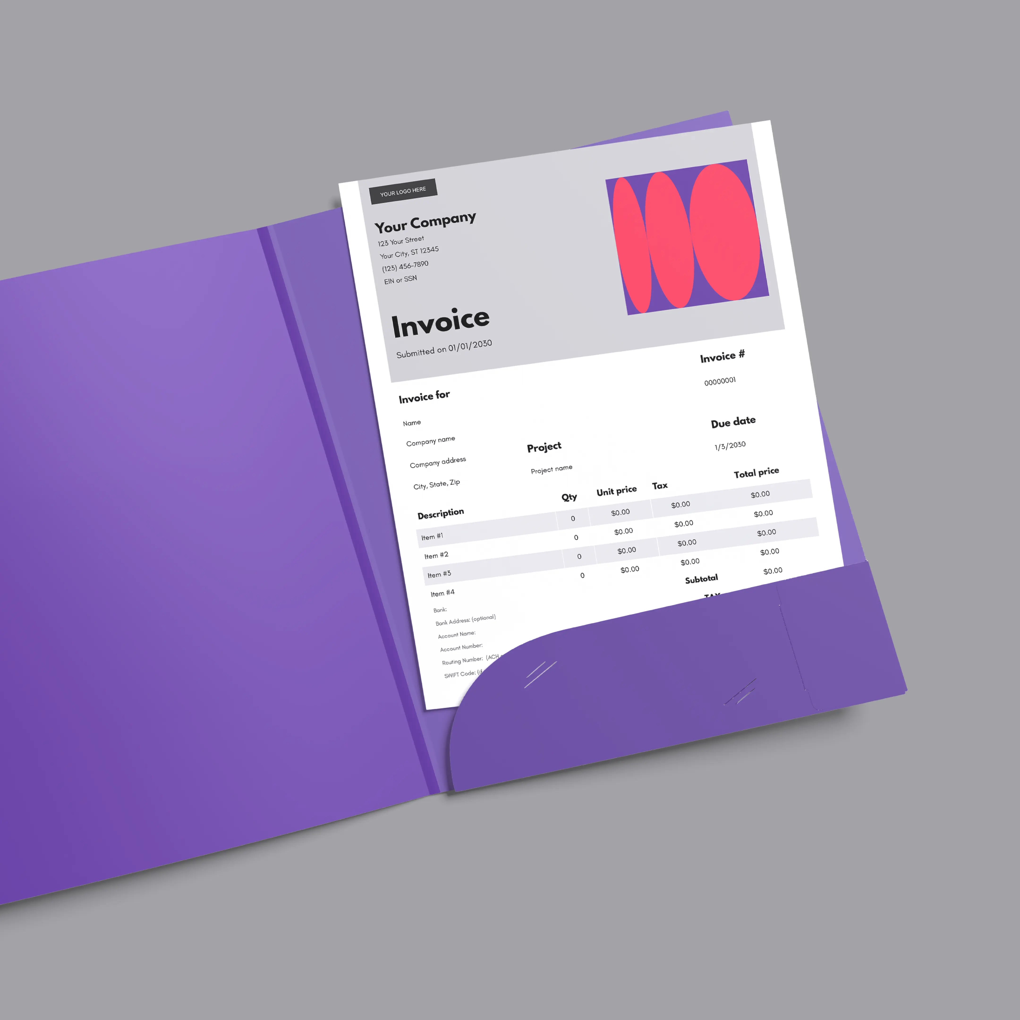 A purple folder on a gray surface displays the Bold Invoice Template (EU & US Versions) in editable Canva format, featuring company details, itemized charges, and an abstract red-purple graphic—ideal for modern businesses.
