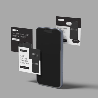 A smartphone stands upright on a gray background, surrounded by three floating "Social Media Paid Ad Templates for Canva - Forma 60 Collection" mockups, each showing sample headlines, text, and image placements for digital ads.