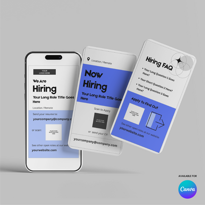 Showcase your hiring announcement, application info, and FAQ with the Blue Hiring Social Media Story Templates for Canva – Forma 20 Collection by More By Us | The Brand Store. Features a sleek black, white, and blue design—ideal for recruitment campaigns or social posts.