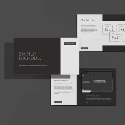 The Forma 60 Startup Pitch Deck Template by More By Us is a minimalist black-and-white Canva template for fashion and premium brands, with logo space, summary, market chart, UX info, and mobile mockups—ideal for creative presentations.