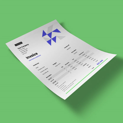 The Invoice Template - Forma 40 Edition | Editable Canva Template (US & EU Format) features a clean, modern layout with a geometric blue logo, editable company and recipient details, itemized charges, and total due displayed.